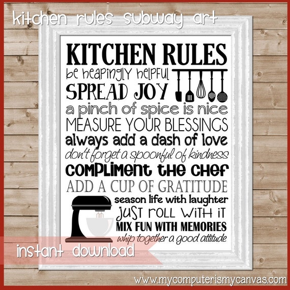  Kitchen  Rules  Subway Art  Kitchen  Wall Art  Kitchen  Decor 