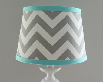 Small Gray White Chevron lamp shade with accent Aqua blue