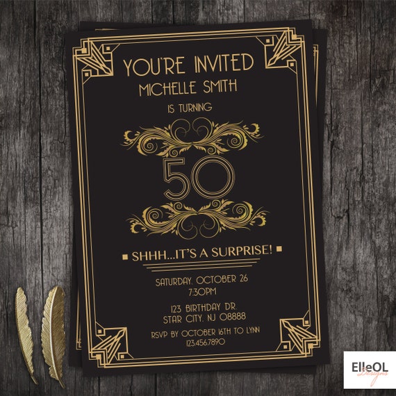 Great Gatsby art deco birthday invitation 21st 30th 40th 50th