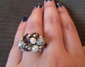 Silver and Ivory Beaded Wire Ring