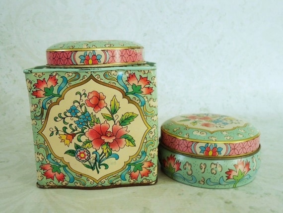 Vintage Decorative Tin Set Turquoise And Pink Floral Tin   Il 570xN.548771755 S8xf 