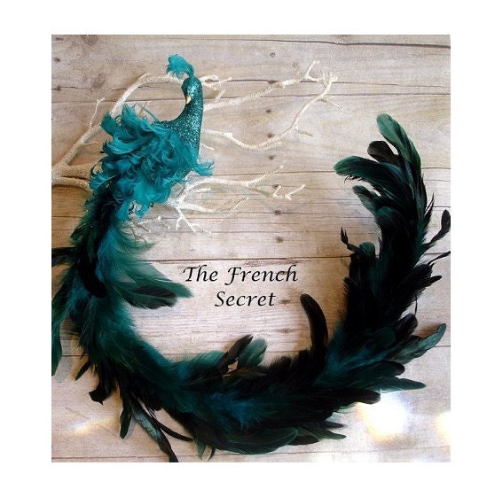 Christmas PEACOCK Teal Blue Ornament Topper Decoration Tree Feather Bird Shabby Xmas Victorian Centerpiece Wreath Vintage Style