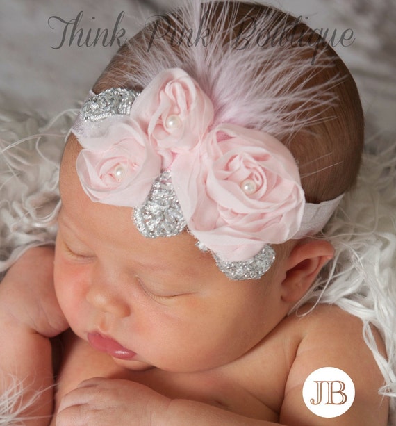 Pink headband,Pink Baby Headband,Newborn Headband,baby headbands,feather headband,Pink feather baby headband,Infant headband.Baby Hair Bows. by ThinkPinkBows