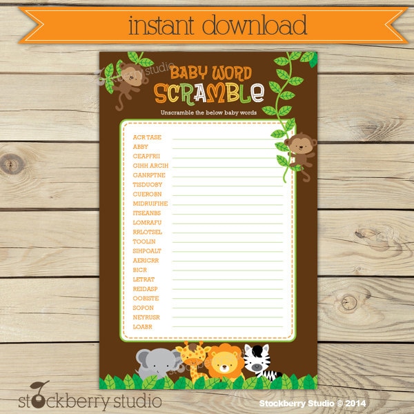 Safari Baby Shower Word Scramble Game Printable Instant