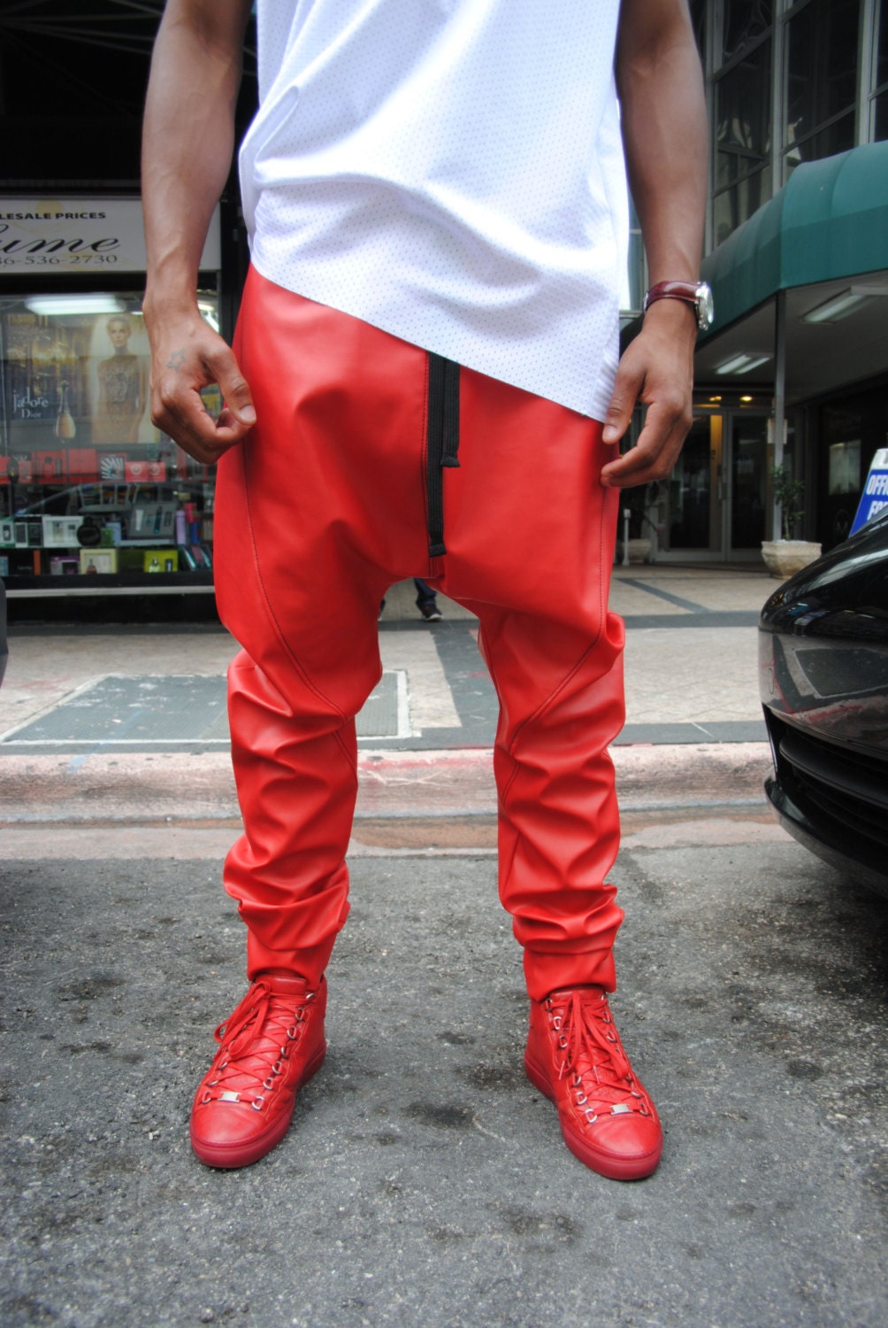 red leather joggers