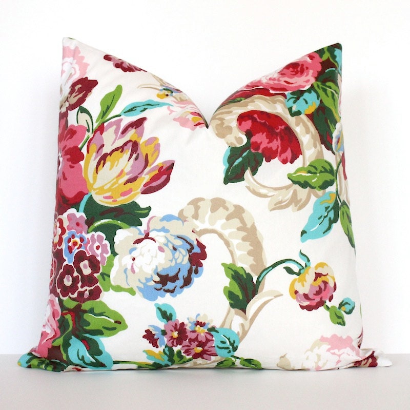 Pink Green Teal Floral Designer Pillow Cover accent cushion