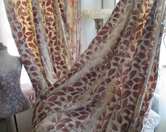 Antique c1880 French Curtain Panel Bed Hanging Ciel De Lit Drape Ombre Stripe Marron Tan Leaf Pattern C47