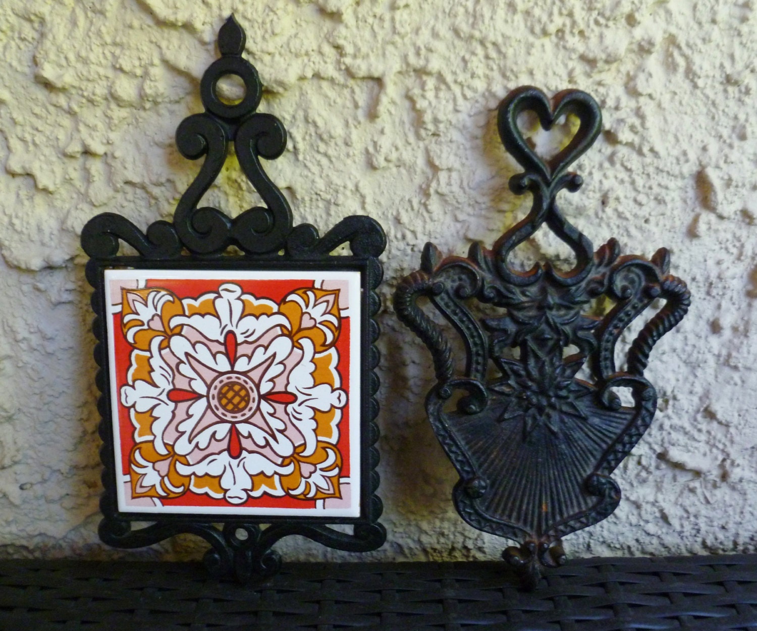 2 Cast Iron Trivets. Tile Trivet Hot Plate. Vintage 1960s.