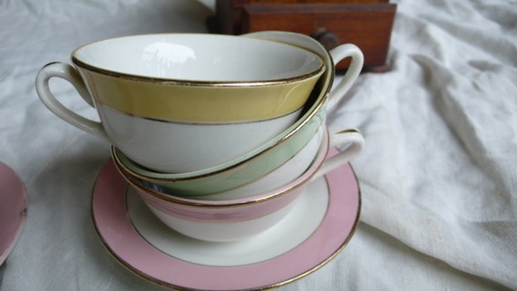 mint   cups vintage espresso pink, gold yellow, cups, coffee,  france, Vintage espresso green,