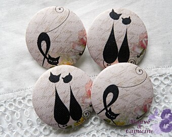4 fabric buttons, cats, 1.25 in / 32 mm