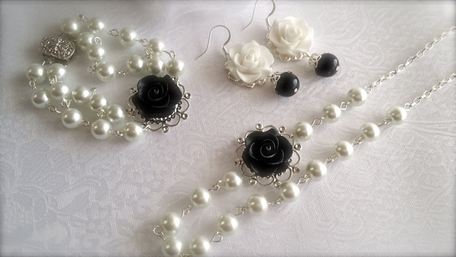 Black White Jewelry Gift set. Asymmetrical pearls Necklace