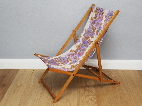 Vintage Retro Wooden Deck Chairs with 1970s Floral Fabric Seat