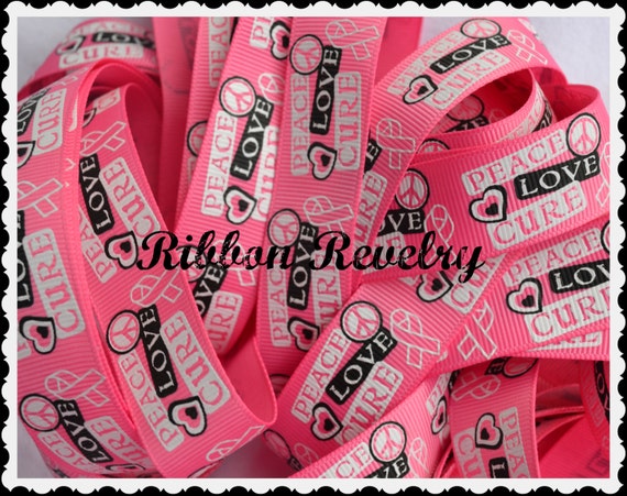 Peace, Love, Cure ribbons on pink 7/8" grosgrain ribbon breast cancer awareness Il_570xn
