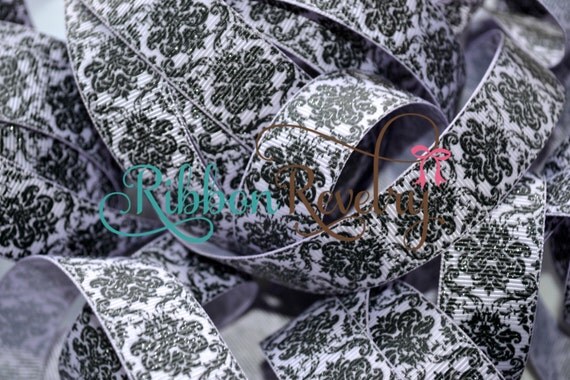 GORGEOUS black gllitter damask on white 7/8" grosgrain ribbon Il_570xn