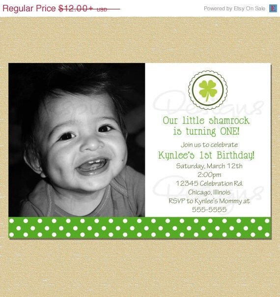 10% OFF SALE Our Little Shamrock Four Leaf Clover Saint Patrick's Day Green Polka Dots Boy Girl Birthday Invitation Il_570xn