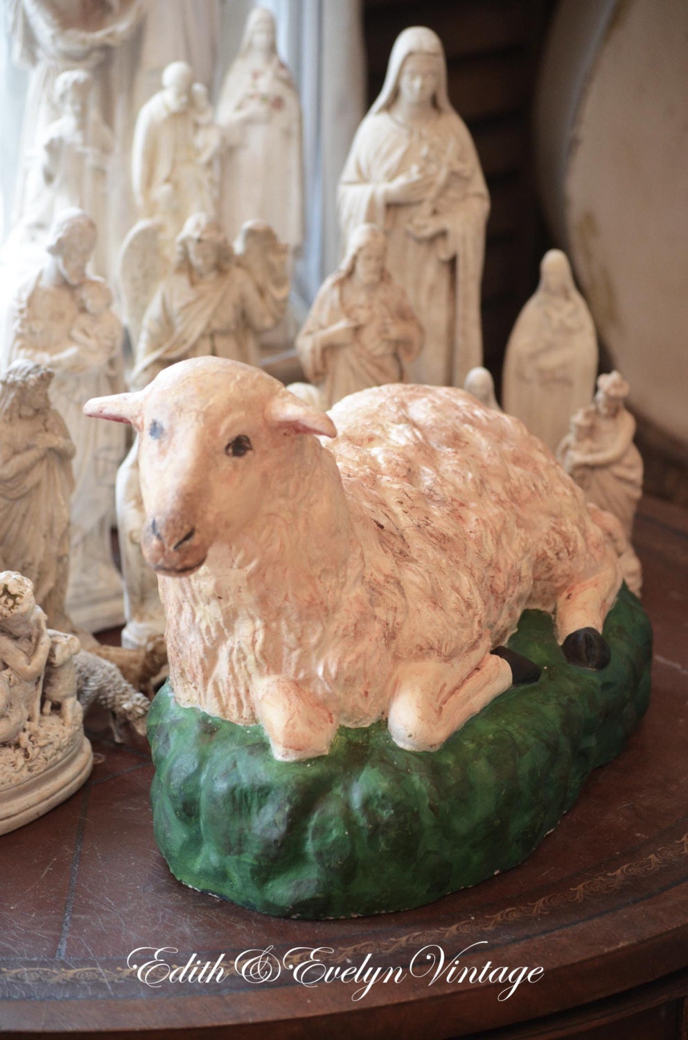 Lg Antique Church Nativity Sheep Statue Creche