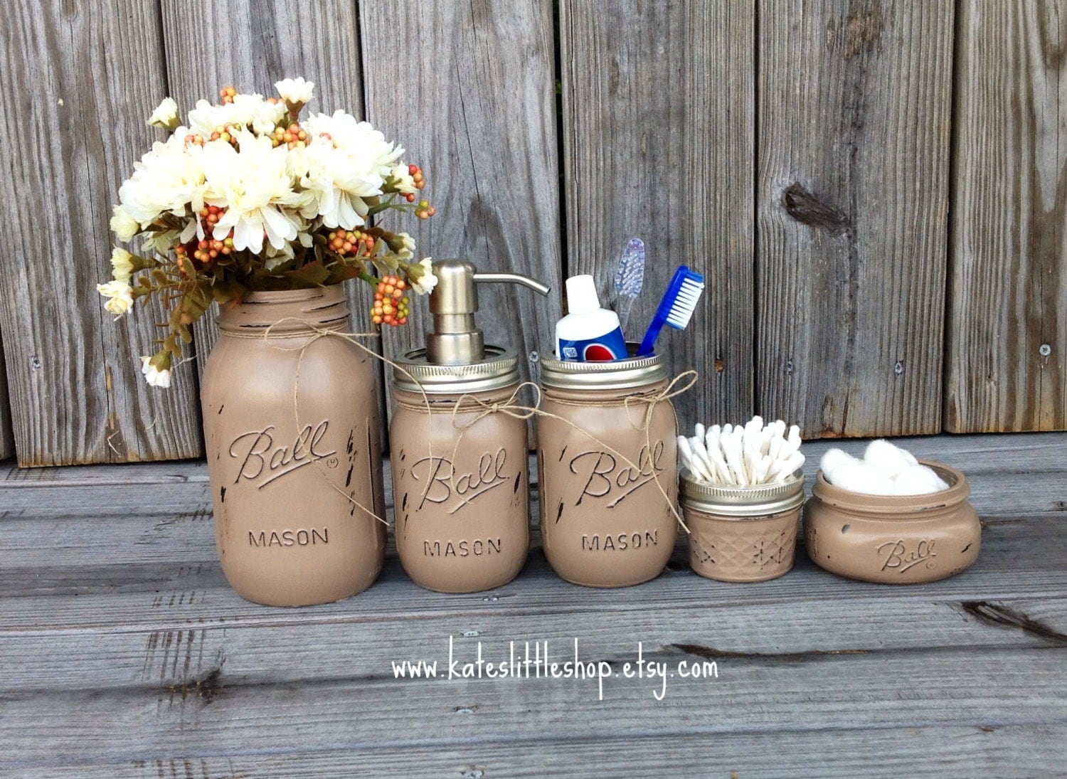 Mason Jar Bathroom Kit. Ball Mason Jars. Rustic Home Decor.