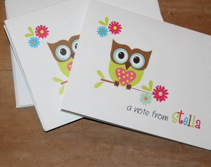 SALE Super Cute Owl Note Cards Stationery Green Pink Brown Owl ~ Thank you cards ~ notes ~ Christmas Polyanna ~ teacher appreciation gift