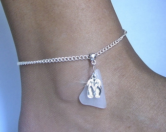 Sea glass anklet. Beach glass flip flops anklet. Beach sea glass jewelry.