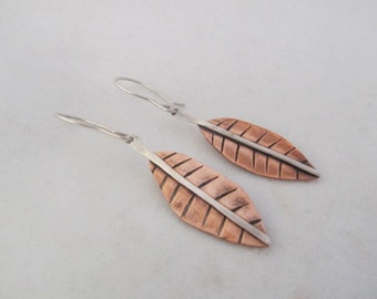 Leaves earrings - hand fabricated copper and sterling silver mixed metal, dangle earrings, autumn earrings, metalsmith earrings