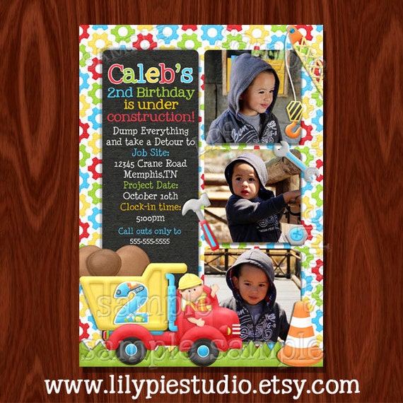 Construction themed chalkboard birthday invitation and Thank you card Il_570xn
