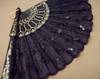 Vintage black and sequin fan Gothic Steampunk hot flash photo prop display lady death asian spanish fan