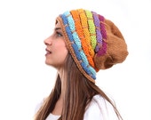 Slouchy Beanie, Rainbow Slouch Hat Tribal rasta by Solandia, Oversized Knitted Wool Winter Hat, blue, orange, purple