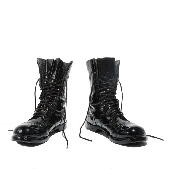 black patent patent military lace up boots with chunky sole
