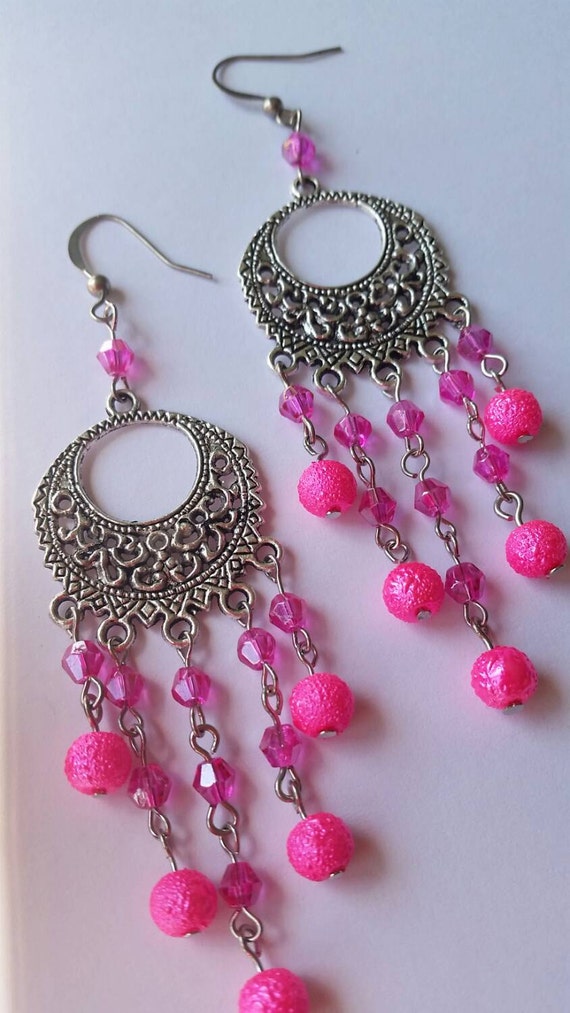 Pink Glass Pearl & Crystal Chandelier Earrings