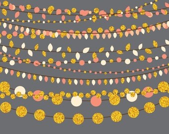 80% OFF SALE Gold Glitter String Light Clipart, Coral String Lights Clip Art, Instant Download, Digital Images, Coral Clipart