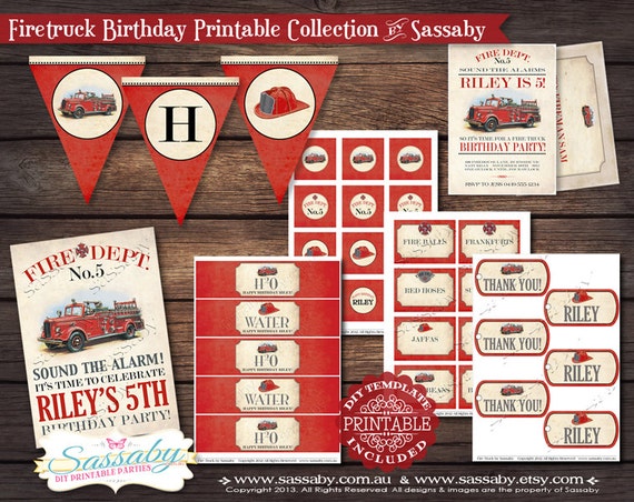 Firetruck Party Collection - INSTANT DOWNLOAD - Editable & Printable Birthday Party Decorations by Sassaby Il_570xn