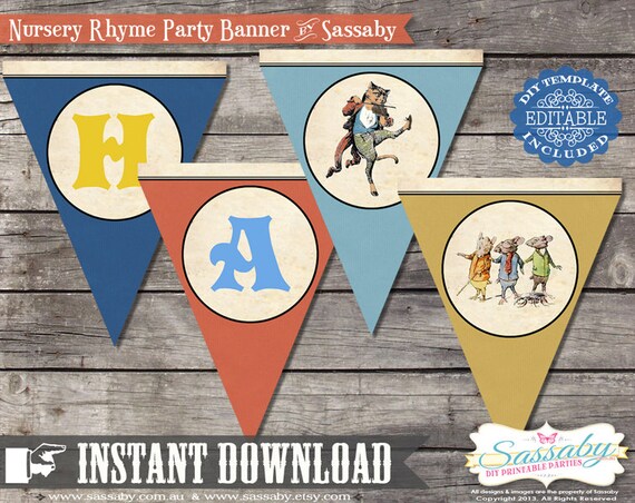 Nursery Rhyme Party Banner - INSTANT DOWNLOAD - Editable & Printable Birthday Decoration by Sassaby Il_570xn