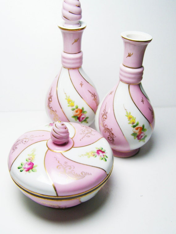 SALE Vintage Pink Porcelain Vanity Set with Roses by LorettasCache