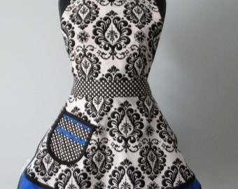 Womens Apron-White/Black Damask with Blue Double Skirt Sweetheart Apron
