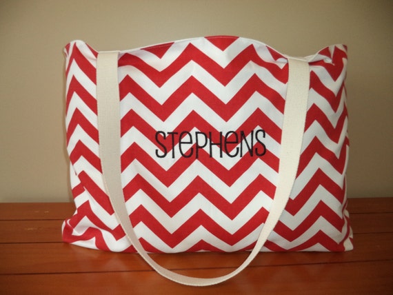 personalized X-Large beach bag, tote in red and white chevron print