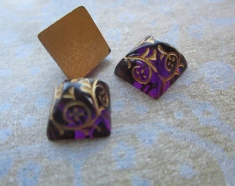 Amethyst And Gold Floral Pyramid Glass Cabs 12x12mm 2Pcs.