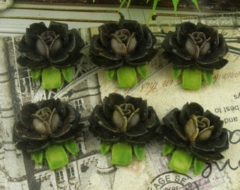 6 Pcs Beautiful Rose Cabochon Black - Hand Painted(B05)