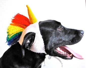 Unicorn Dog Costume with Rainbow Mane - Hand Knit Dog Hat - Dog Halloween Costume - Custom Sizing