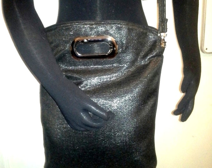 Shopper Tote Black Shiny Canvas Silver Metal Cut-Out Handle Shoulder Strap