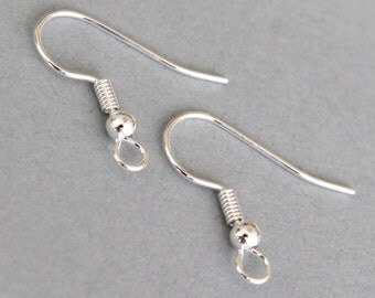 50 pairs / 100 SILVER 20mm French / Fish Hook EARWIRES - 3mm Ball / 4mm Coil - Open Loop Nickel Free Iron Ear Wire for Earrings - USA - 5091