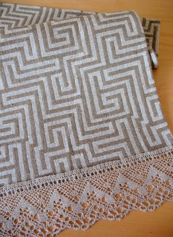 Linen Table Burlap Runner Tablecloth Easter gift Natural White Gray Striped Linen Lace 59" x 17"
