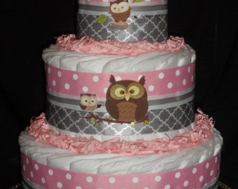 Pink and Gray Owl Theme Diapercake