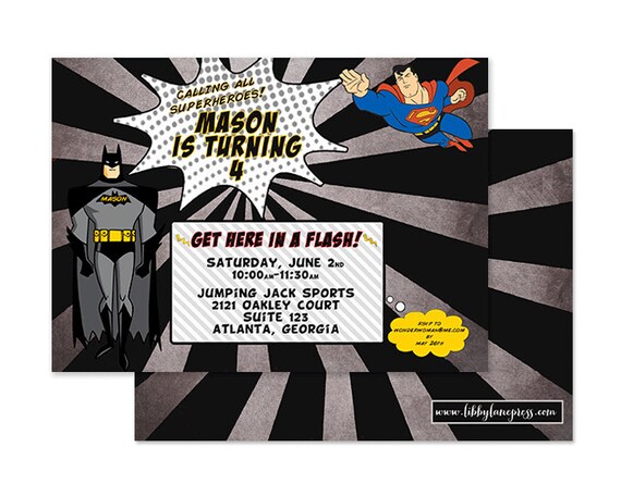 VINTAGE SUPERHERO inspired Birthday Invitation, Digital or Professionally Printed Invitation Il_570xn