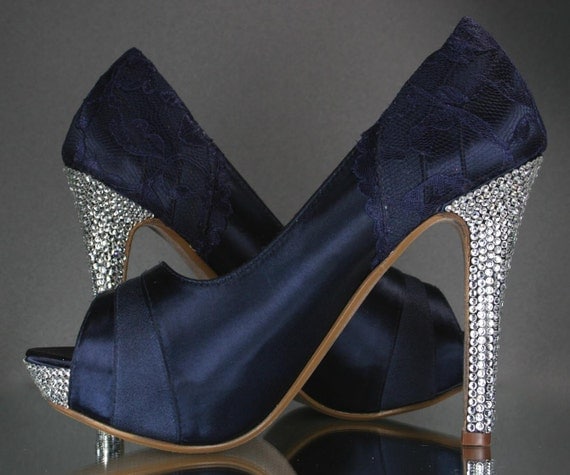 Custom Wedding Shoes -- Navy Blue Peep Toe Platform Wedding Shoes with NavyBlue Lace Overlay and Silver Rhinestone Heel and Platform