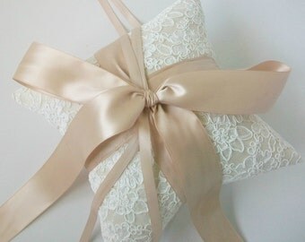 Champagne French Alencon Lace Ring Bearer Pillow, Ivory Lace Ring Pillow, Champagne Wedding Pillow, Silk Ring Cushion, Wedding Pillow Bridal