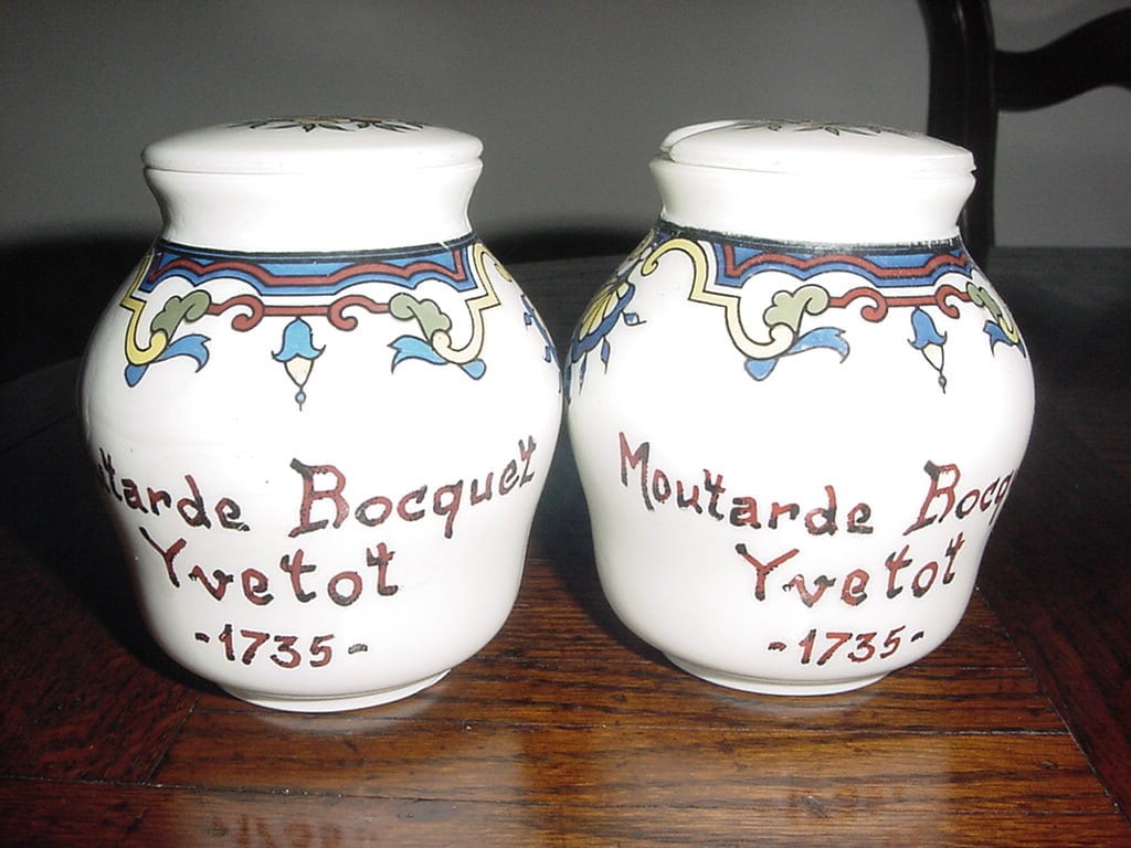 Two French Mustard Jars and Lids Moutarde Bocquet Yvetot 1735