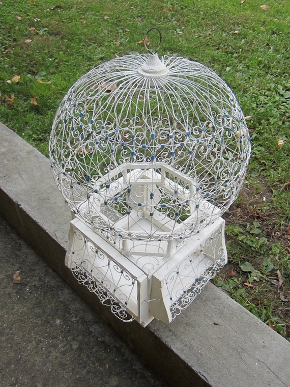 Vintage White Wooden Wire Bird Cage