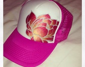 Hot pink trucker with silver outline and goldy/deep red ombré lotus