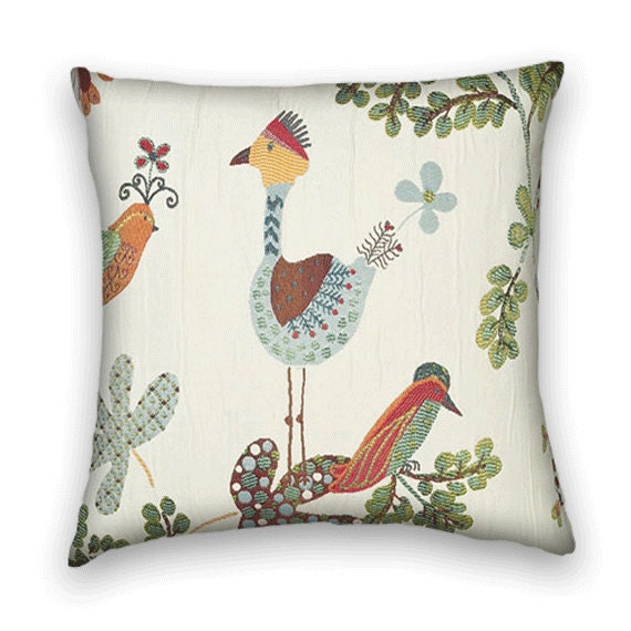 Bird Print Pillow Cover 18x18 or 20x20 or 22x22 Green