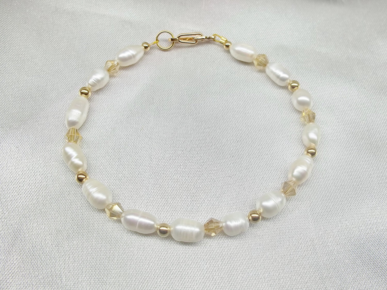 White Pearl Bracelet Gold Crystal Bracelet Solid 14k Gold